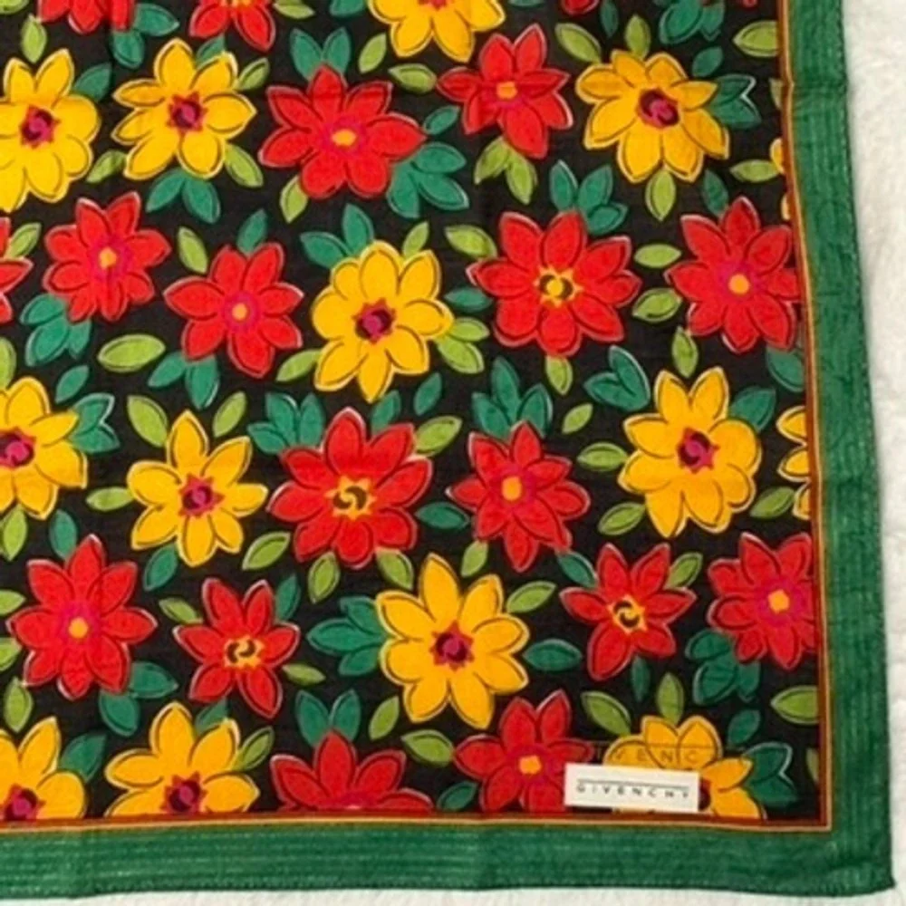 Vtg GIVENCHY Scarf Handkerchief Floral Black Green Red Yellow 18.5